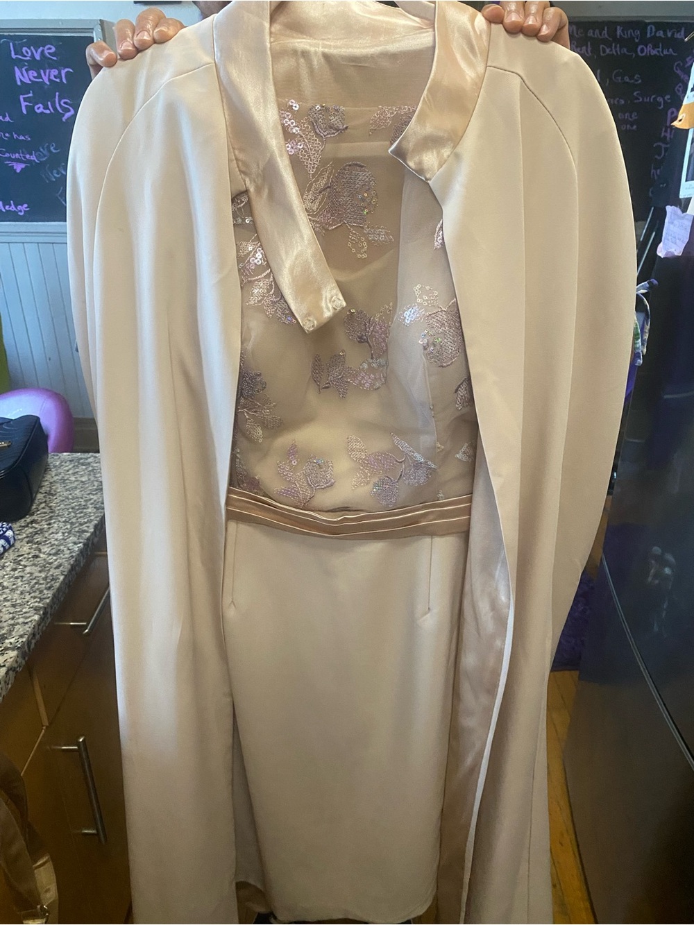 Champagne Satin Dress & Cape Set with Embroidered Bodice